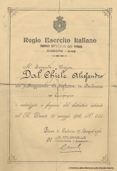 Certificato di autorizzazione del Regio Esercito Italiano - fronte