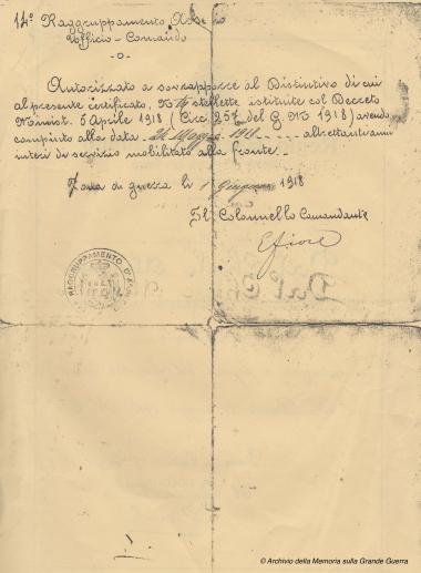 Certificato di autorizzazione del Regio Esercito Italiano - retro